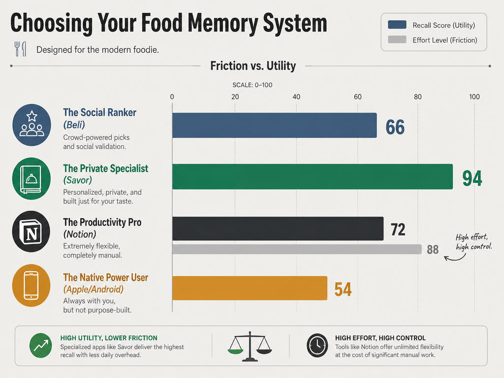 A bar chart comparing restaurant tracking methods like Beli, Savor, and Notion based on recall score and effort level.