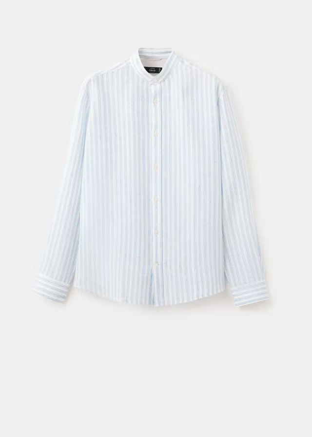 mango, STRIPED 100% LINEN SHIRT WITH MANDARIN COLLAR