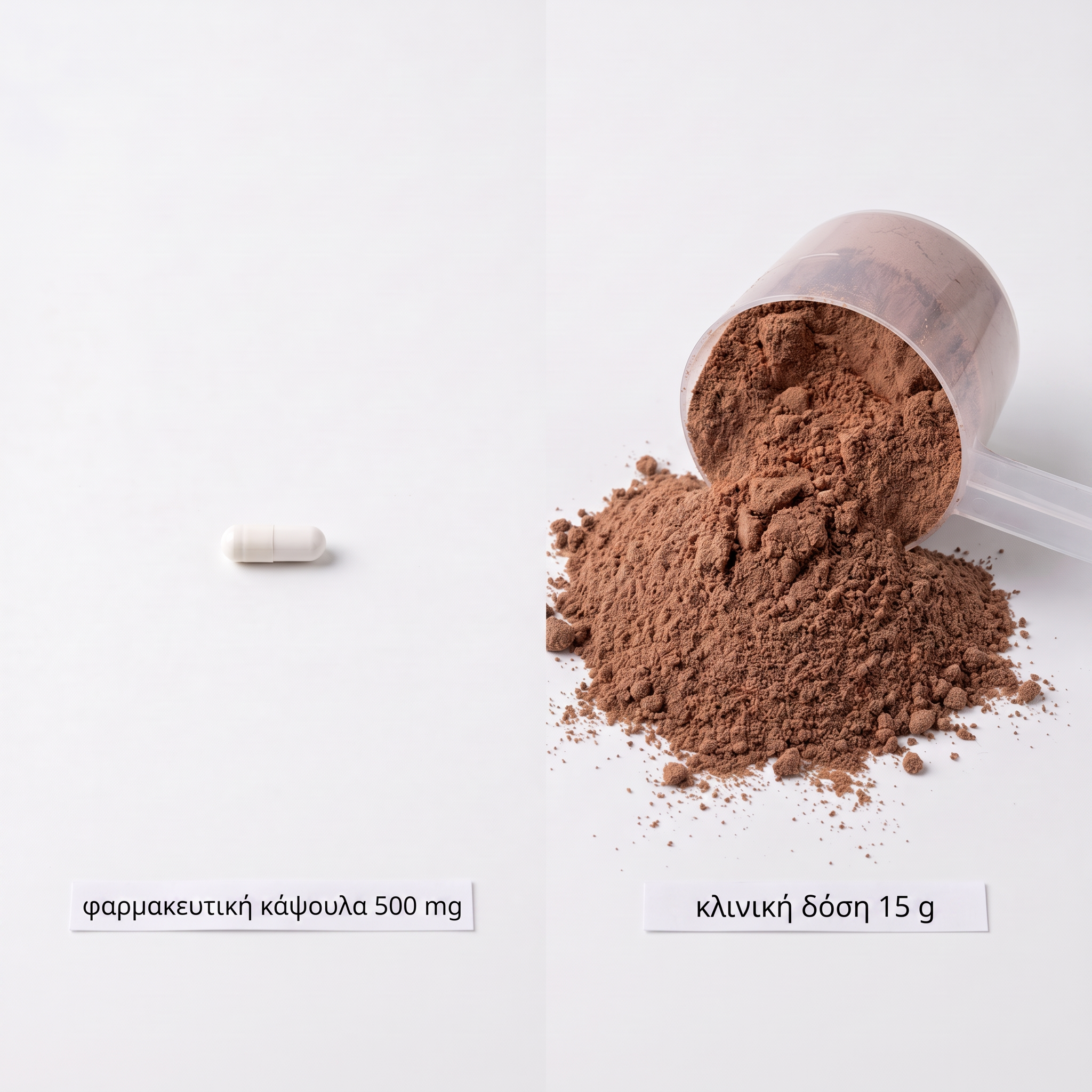 Μια κάψουλα φαρμακείου 500 mg δίπλα σε μια κλινική δόση 15 g σκόνης κολλαγόνου