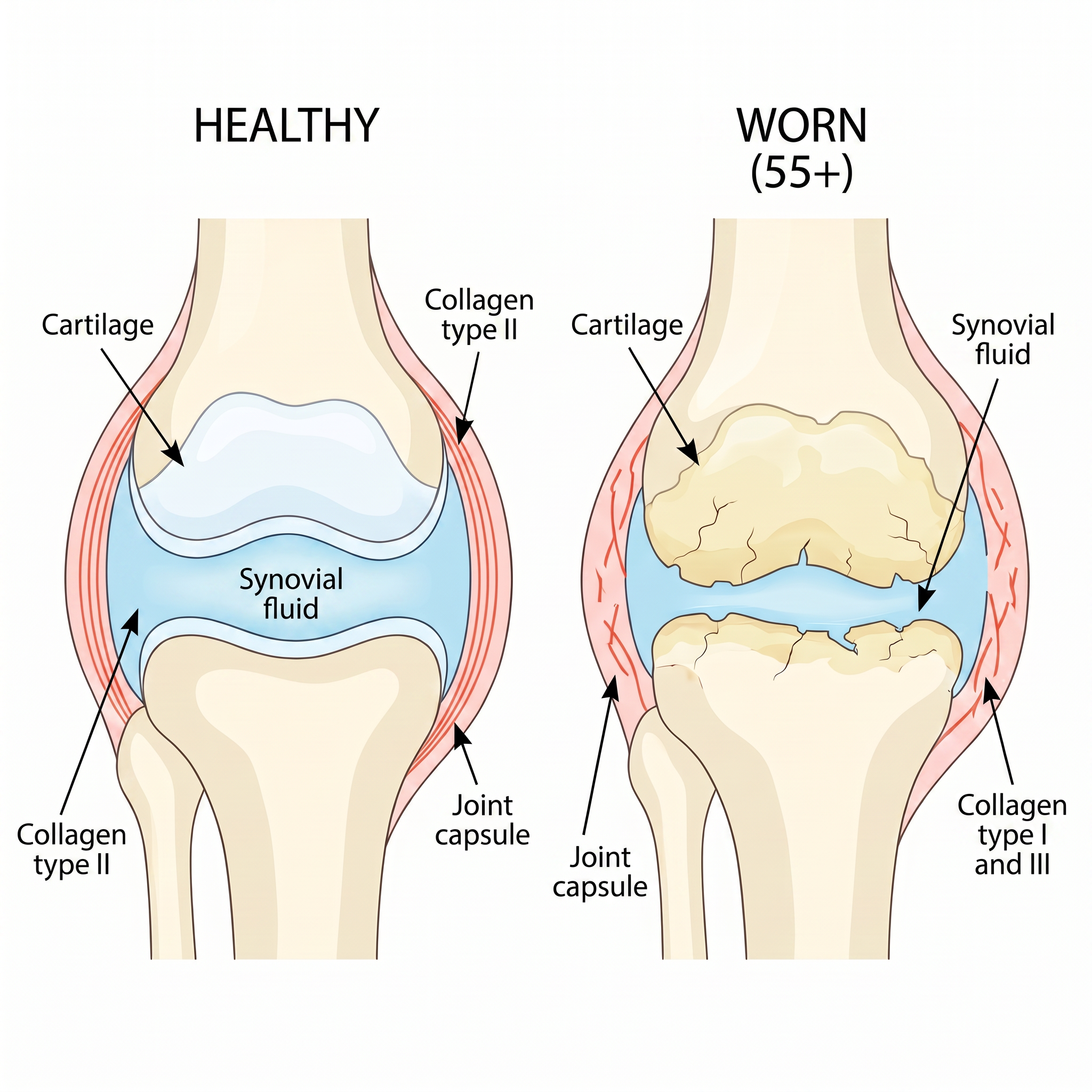 Anatomical diagram of a healthy joint next to a worn joint