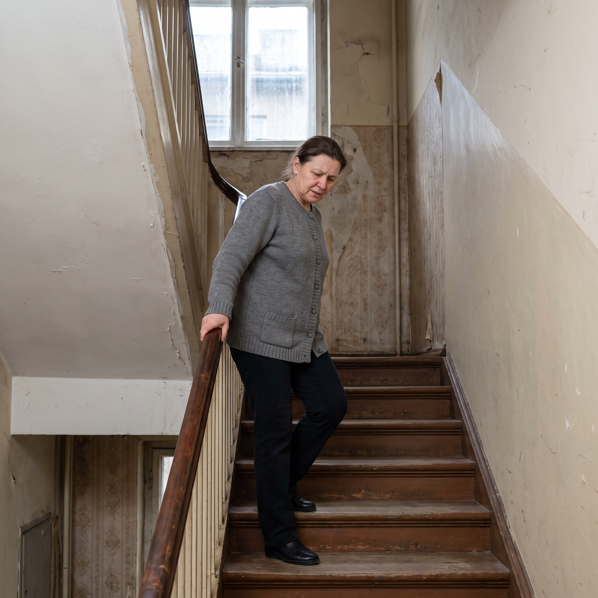 A woman pausing on a staircase with one hand on the handrail