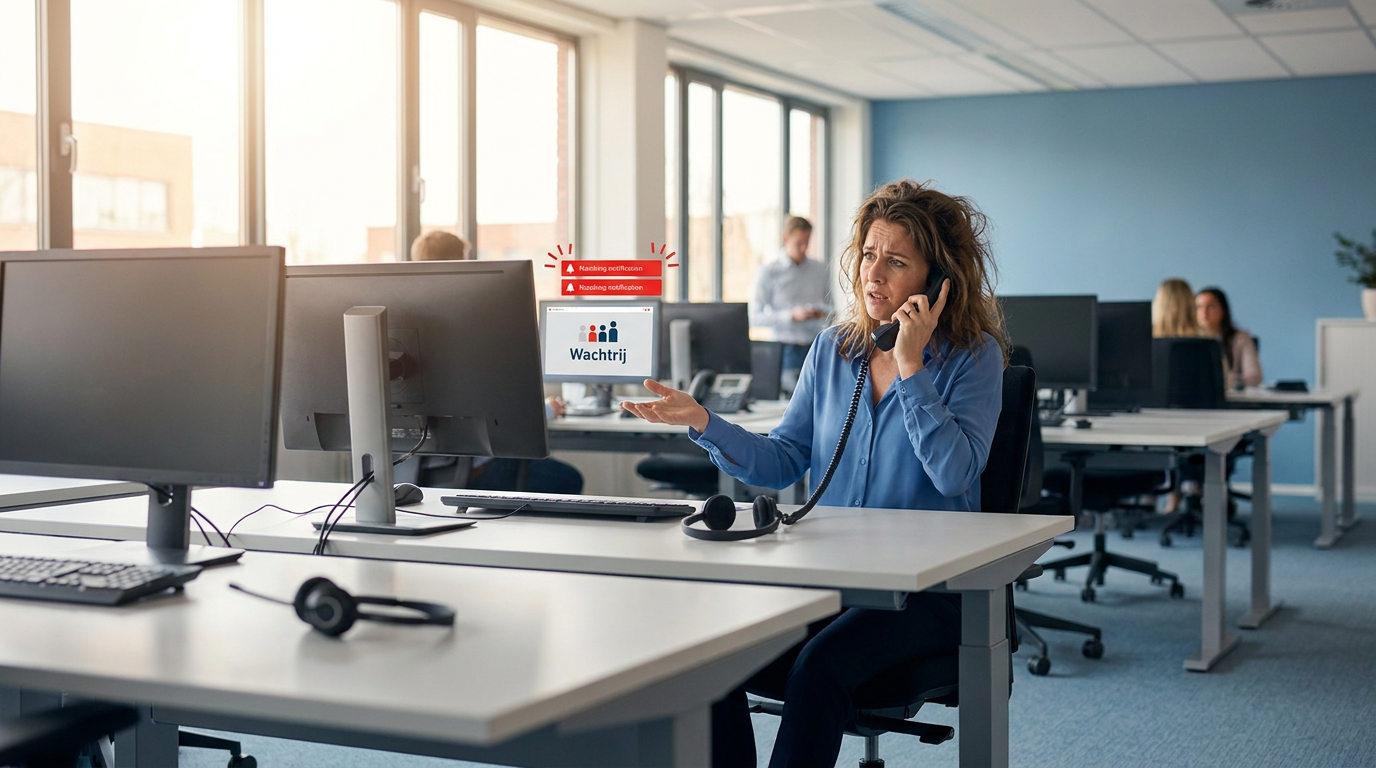 Druk klantenserviceteam met lege bureaus en een medewerker die meerdere telefoontjes tegelijk probeert op te nemen