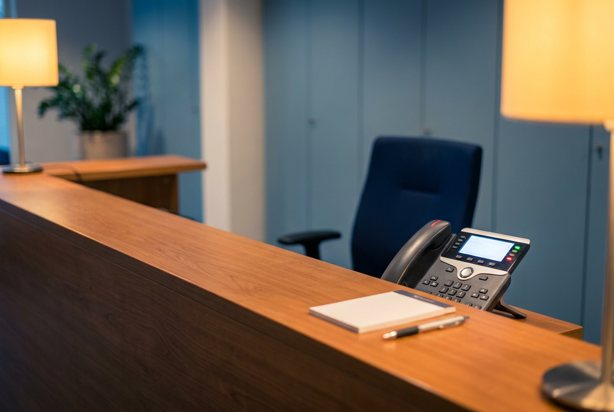 Receptiebalie met een rinkelende telefoon en een lege stoel als teken van onderbezetting