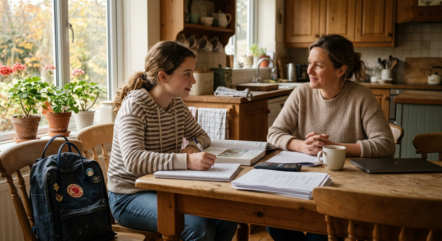 Warm, realistic illustration of a teen sitting at a kitchen table with homework while a parent listens nearby without judg...