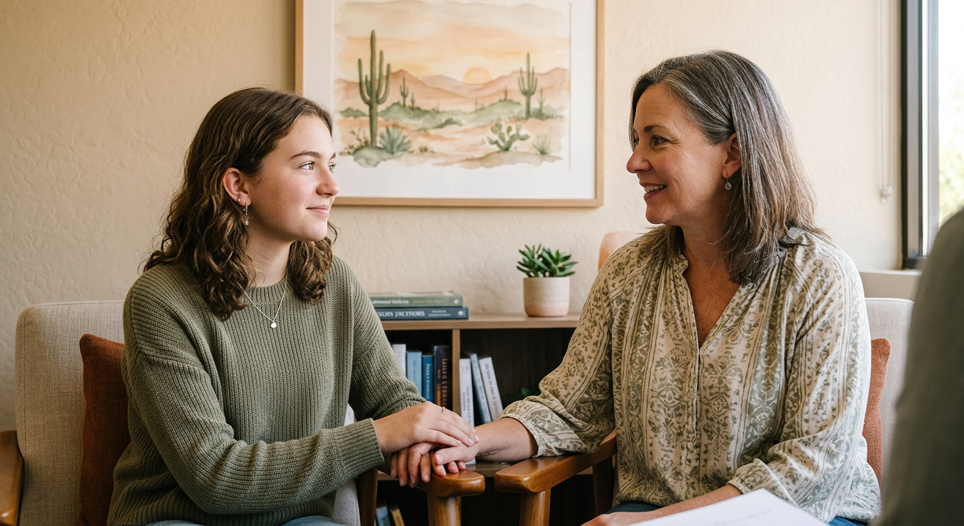 Photorealistic close-up of a teenager and parent seated side by side in a bright, calm clinician’s office, both engaged in...