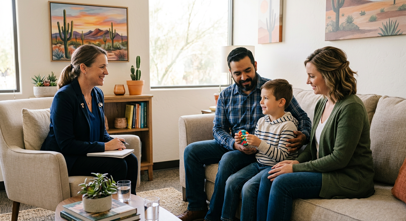 Photorealistic family-centered pediatric psychiatry moment, a physician listening warmly as parents and a young child sit ...