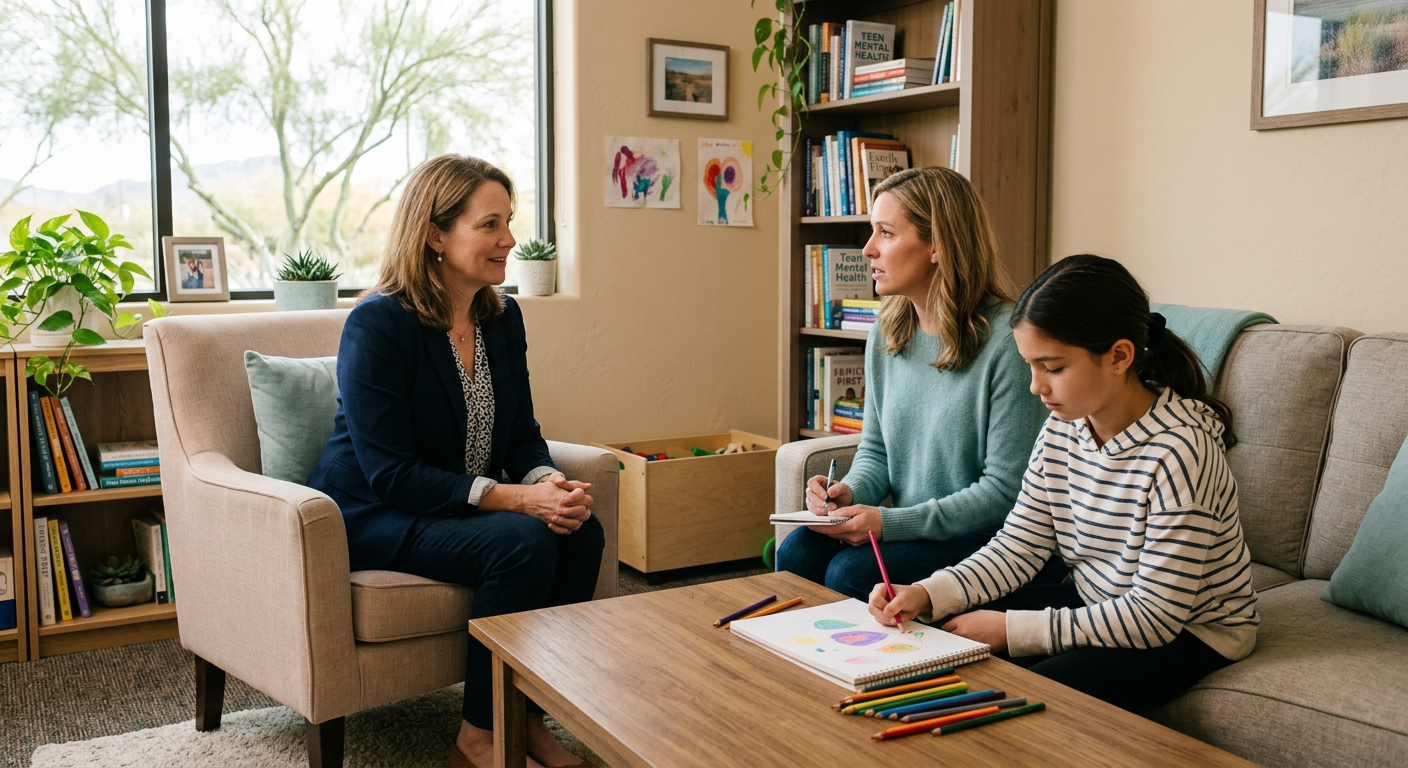 Photorealistic, compassionate scene of a child and adolescent psychiatrist speaking with a parent and middle-school-aged c...
