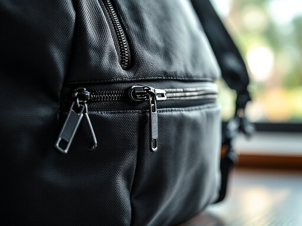 Close-up of RealCool laptop backpack's textured water-resistant material and detailed stitching around zipper area