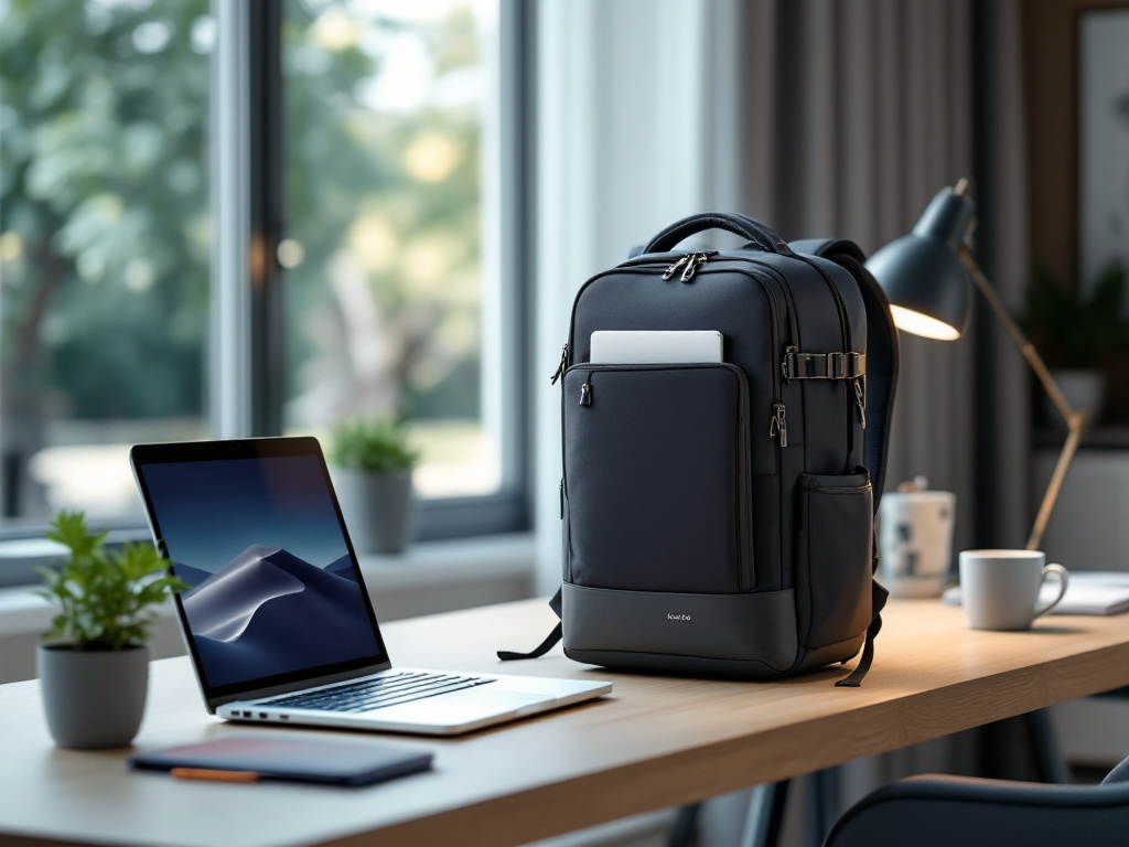 RealCool backpack displayed open on a home office desk next to a laptop and workspace items