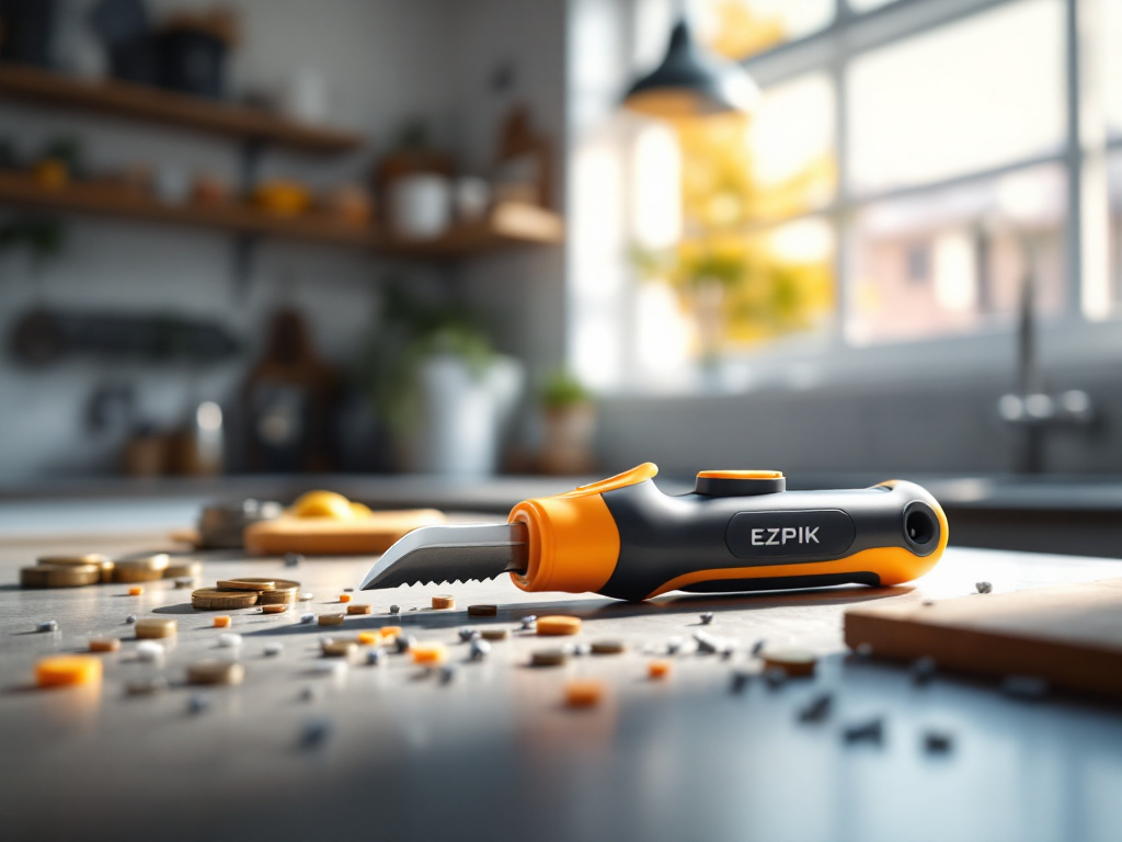 EZPIK Grip Aid Tool placed on a kitchen counter next to small metal objects it can retrieve