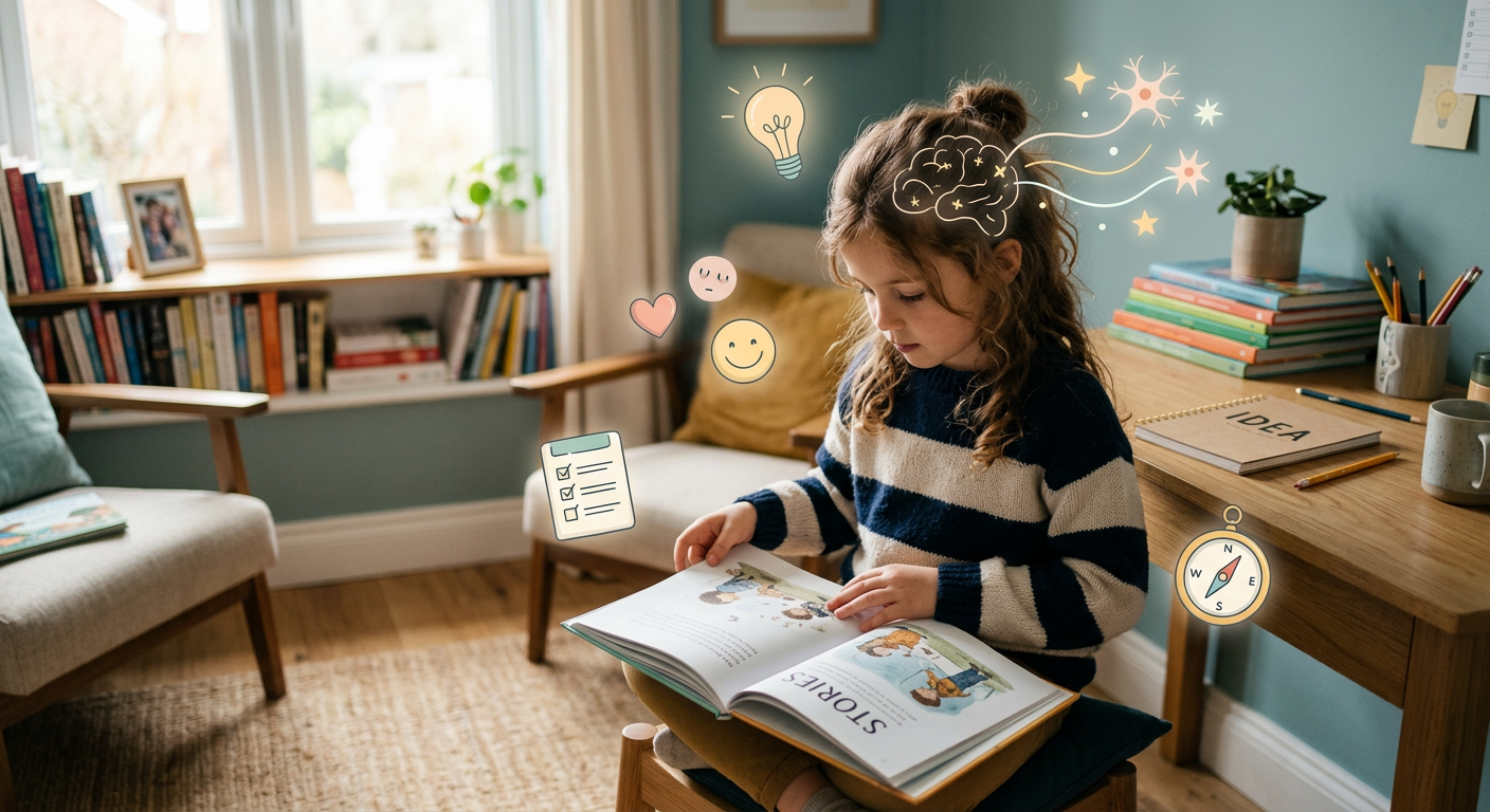 Why Kids Struggle With Homework, Focus, Reading, and Memory Skills Warm modern illustration of a child’s learning process shown through a child reading at a desk while subtle visual cues su...
