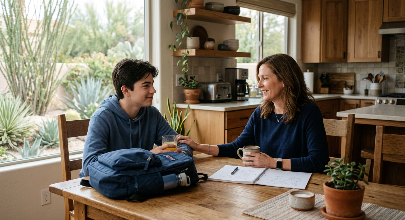 School Anxiety: When Crying or Refusing School Is More Than a Phase Warm, photorealistic image of a parent and teenager sitting together at a kitchen table before school, talking calmly besi...