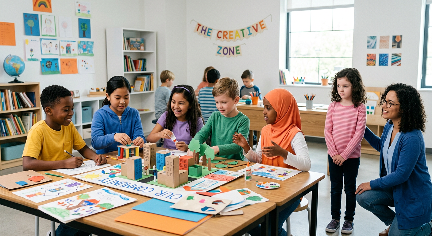 Modern editorial illustration of diverse school-age children working together on a classroom project while one child hesit...