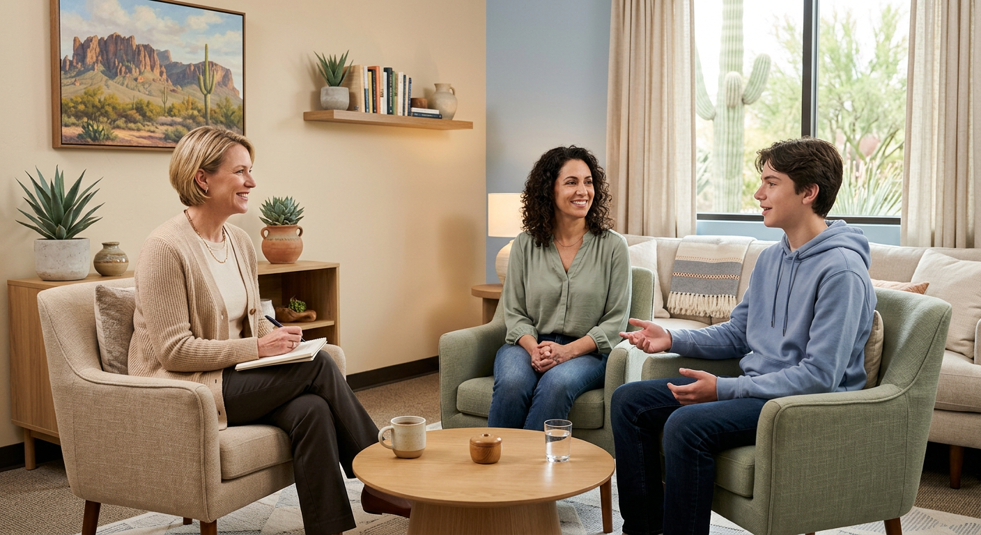Photorealistic child and adolescent psychiatrist meeting with a parent and teenager in a bright, calm Scottsdale office, a...