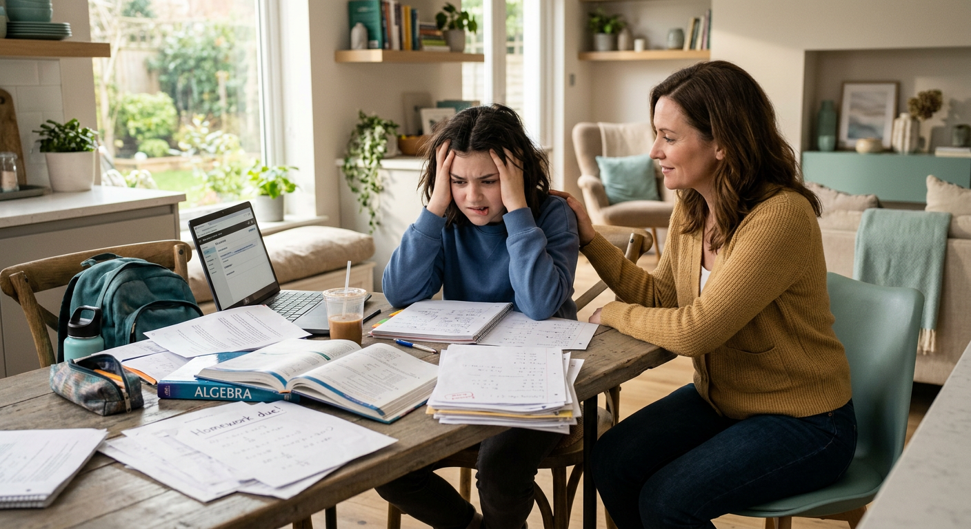 Warm, realistic illustration of a middle-school student overwhelmed by scattered homework while a parent sits nearby with ...