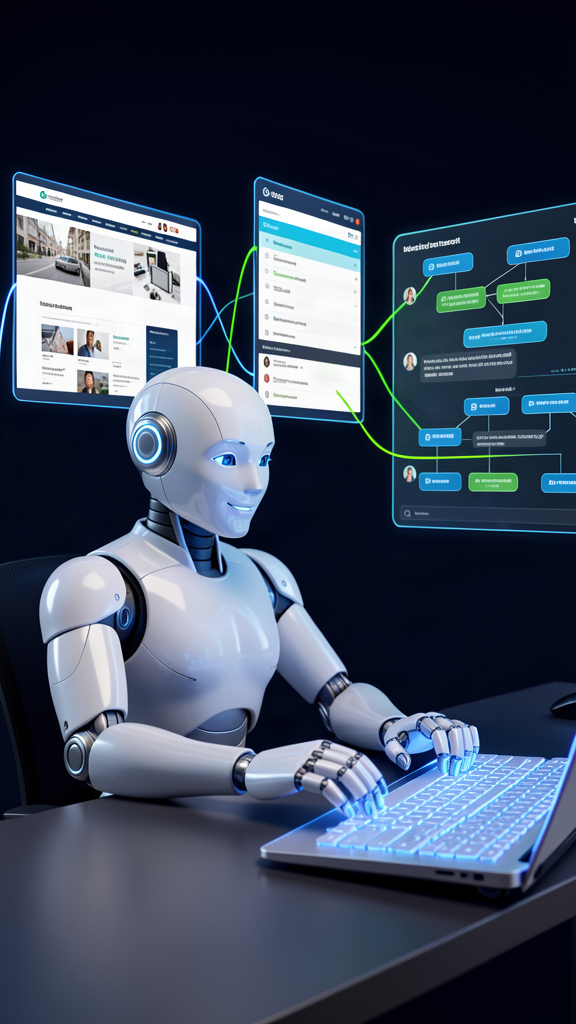 AI robot building your complete business system — website, CRM, AI agents, and automation