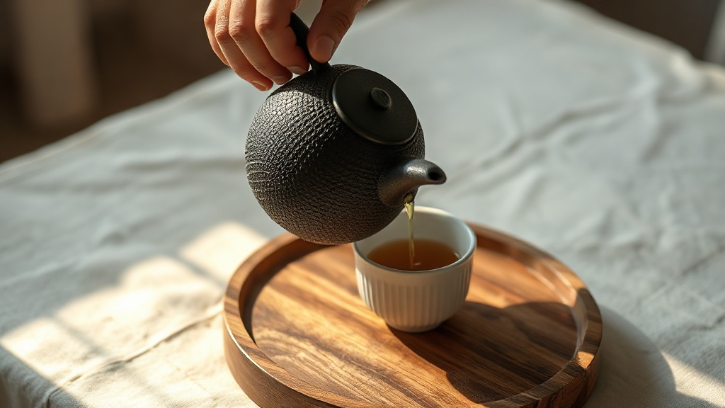 Mains versant du thé depuis une théière en fonte japonaise noire dans une tasse en porcelaine