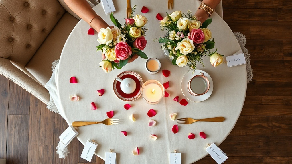 Table de tea party décorée avec fleurs, petites cartes et nappes en lin pastel