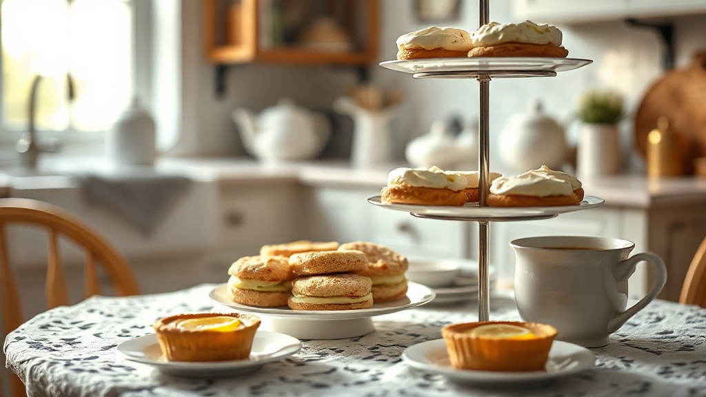 Présentoir trois niveaux garni de scones, sandwichs et petits gâteaux pour un tea time anglais