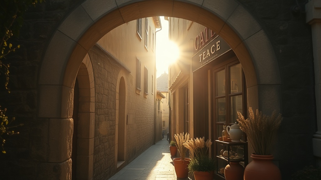 Ruelle médiévale du quartier de Montferrand à Clermont-Ferrand avec une boutique salon de thé fleuriste
