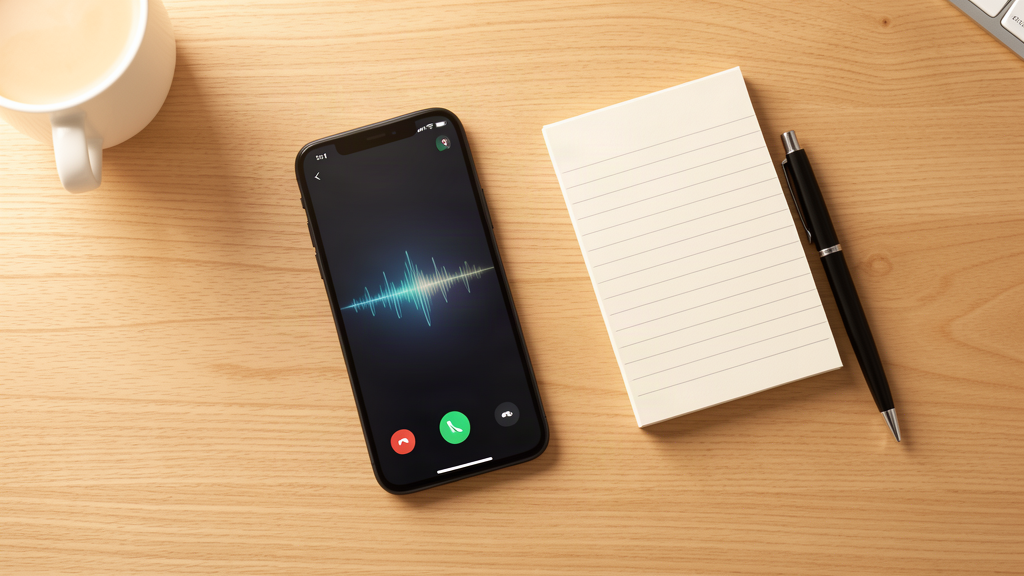 A smartphone on a small business desk showing a voice-call interface, next to a notepad and pen