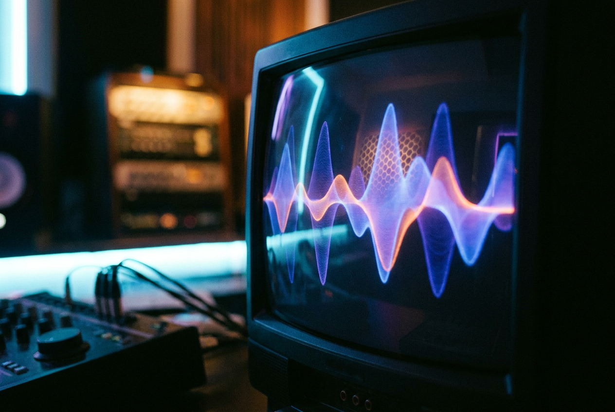 alt text: A digital audio waveform with a glowing watermark pattern embedded inside it