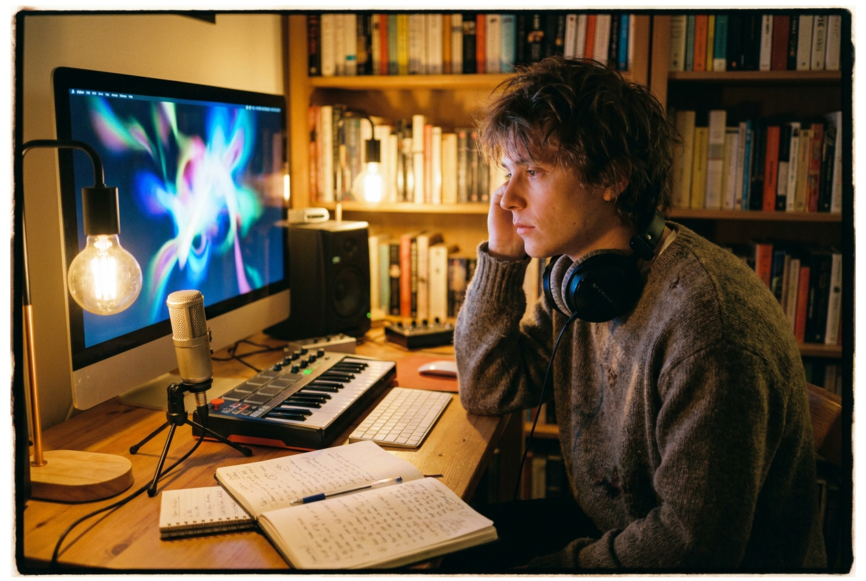 alt text: A musician in a home studio reviewing AI-generated music video footage on a monitor