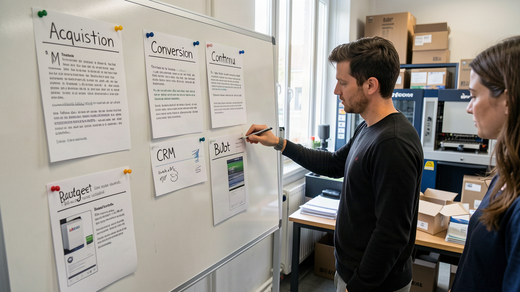 Tableau de priorisation entre acquisition, conversion, contenu et budget pour choisir une agence de communication e-commerce