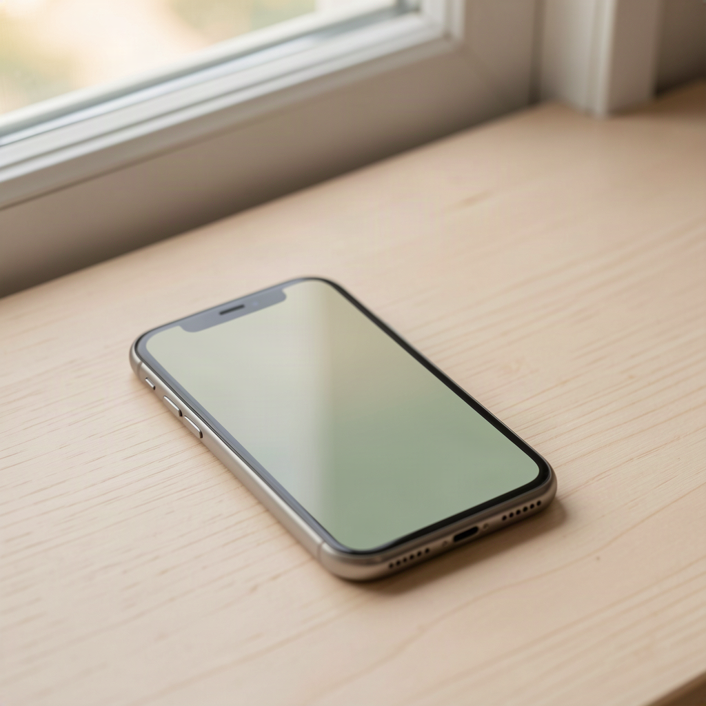 Phone on a desk showing a simple calm card