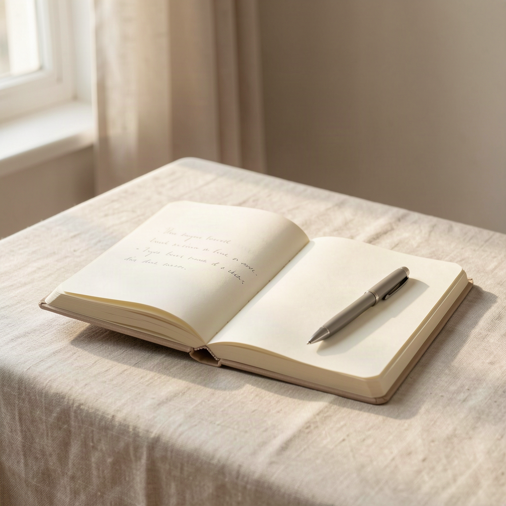 Notebook and pen on a linen table