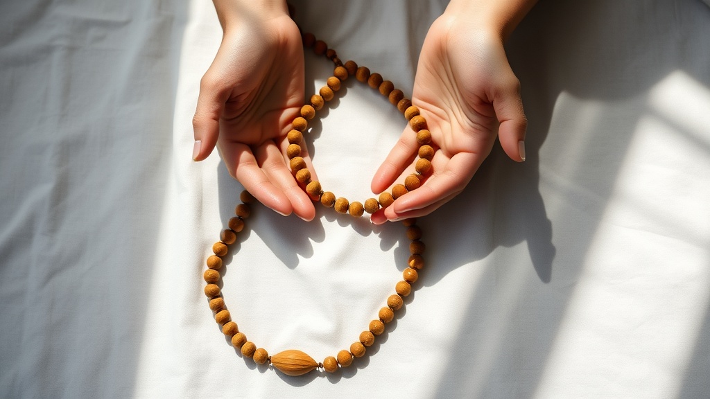 Mains tenant un mala tibétain de 108 perles en bois lors d'une séance de méditation