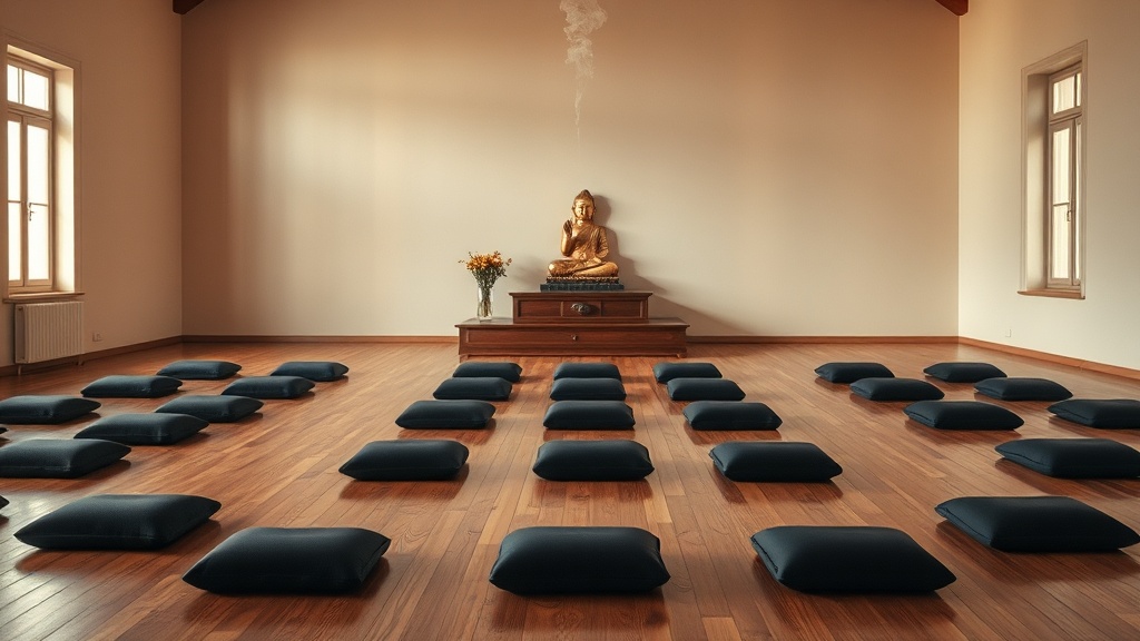 Salle de méditation zen en France avec zafu noirs alignés et autel simple