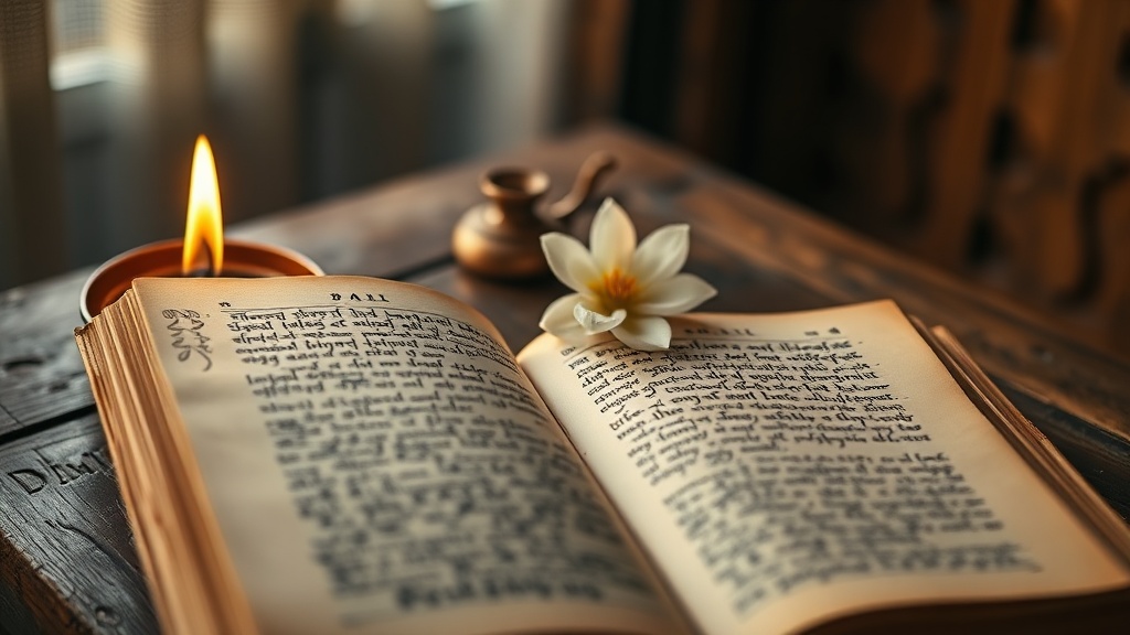 Manuscrit bouddhiste sur table en bois avec lampe et fleur de lotus, évoquant l'étude du Dharma