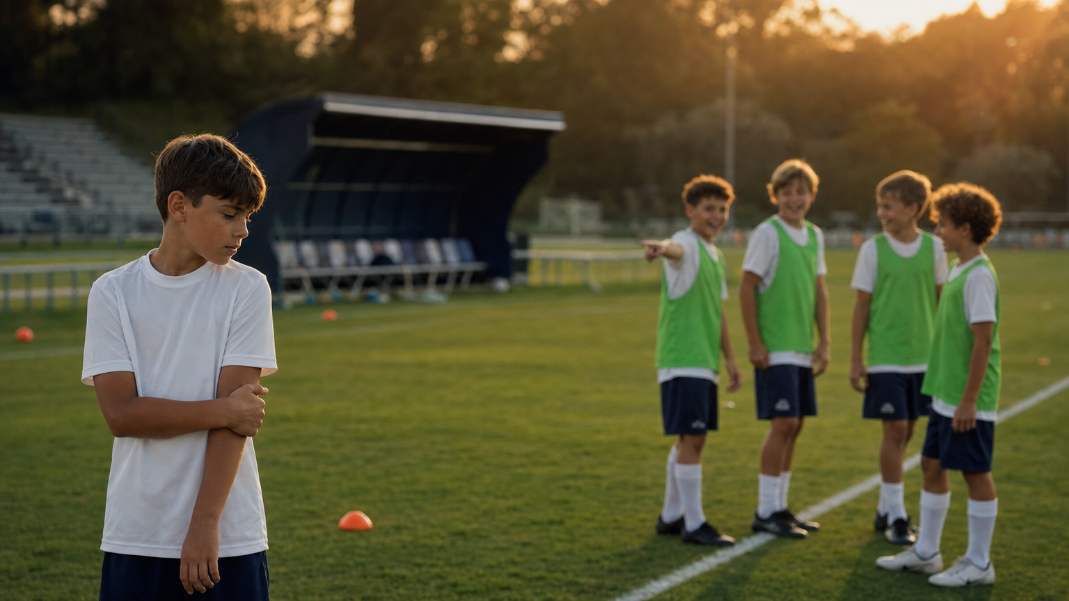 A young player standing alone on the touchline while a group of teammates in green pinnies laugh together in the distance