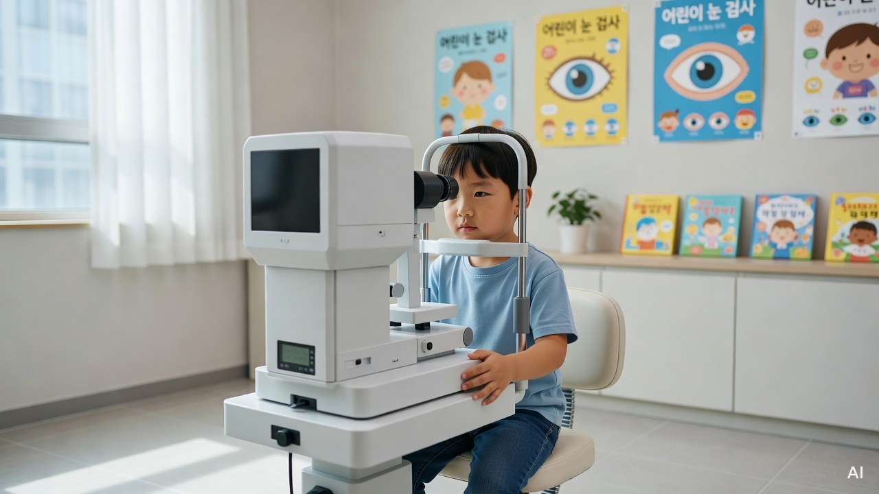young child sitting in front of an eye examination machine at a pediatric clinic
