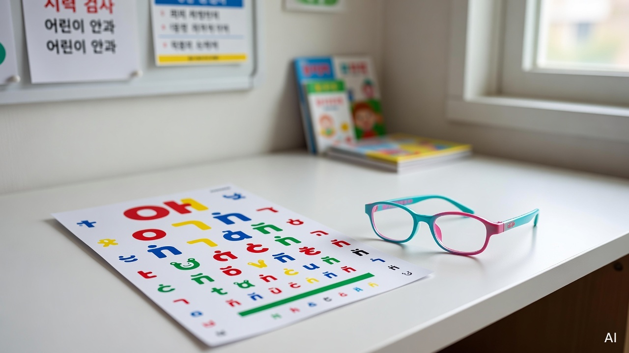colorful eye chart and children's glasses on a white desk