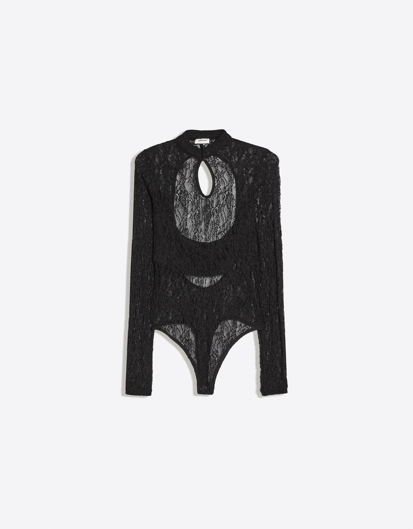 bershka, LONG SLEEVE LACE DETAIL BODYSUIT WITH CUT-OUT NECKLINE BODYSUIT