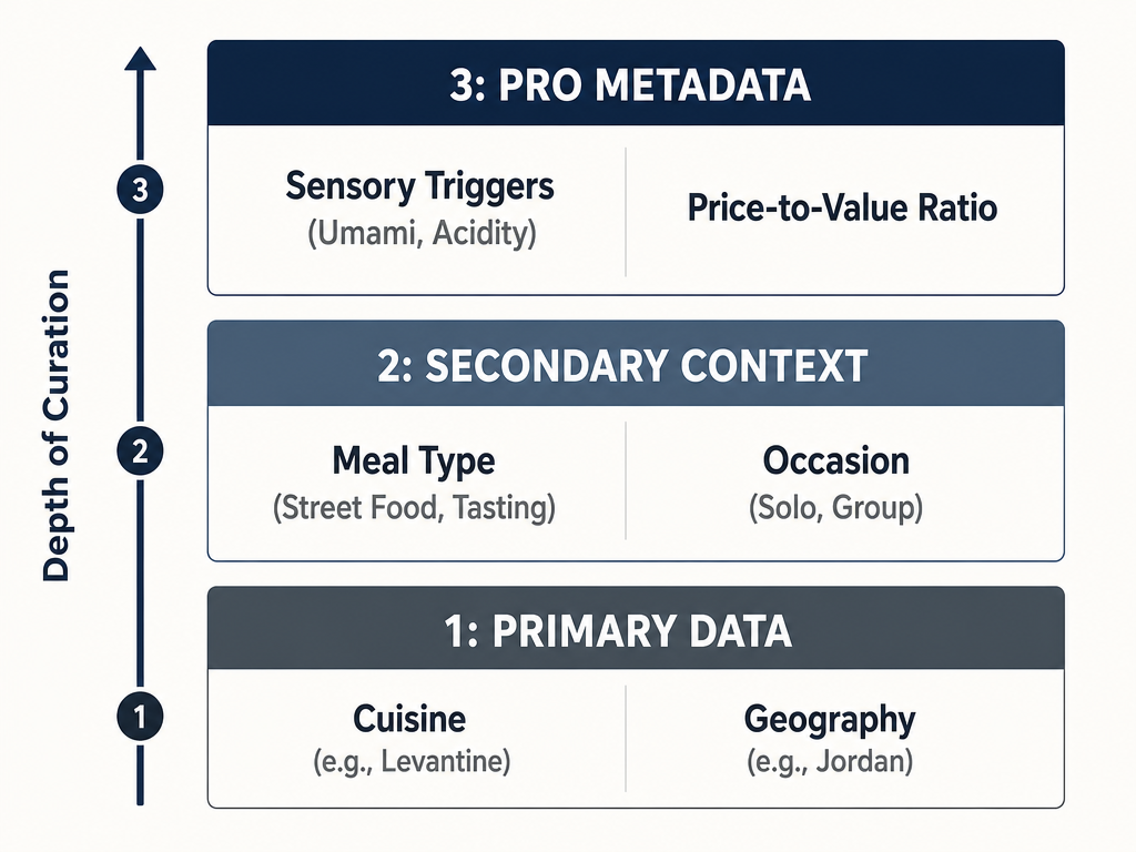 A three-tiered hierarchy diagram for food cataloging, showcasing Primary Data, Secondary Context, and Pro Metadata for organizing restaurant logs.