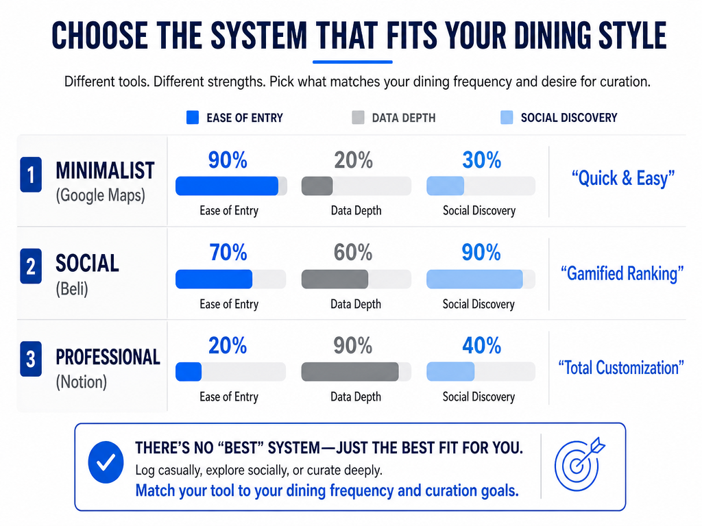 Bar chart comparing Google Maps, Beli, and Notion for food logging based on ease of use, social discovery, and data depth for foodies.