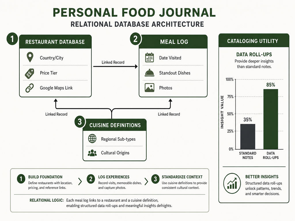 Relational database schema for a food journal, showing connections between restaurant lists, meal logs, and cuisine definitions for data roll-ups.