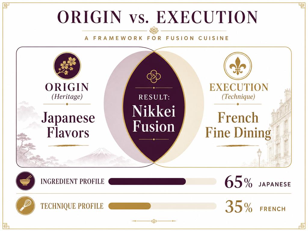 Infographic explaining how to catalog fusion meals by separating the heritage origin from the cooking technique, using Japanese-French as an example.