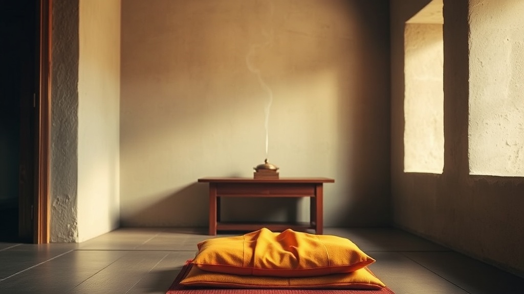 Salle de méditation d'un monastère bouddhiste avec autel en bois et encens