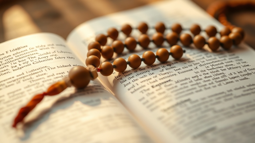 Mala en bois de 108 perles posé sur un texte de sutra bouddhiste
