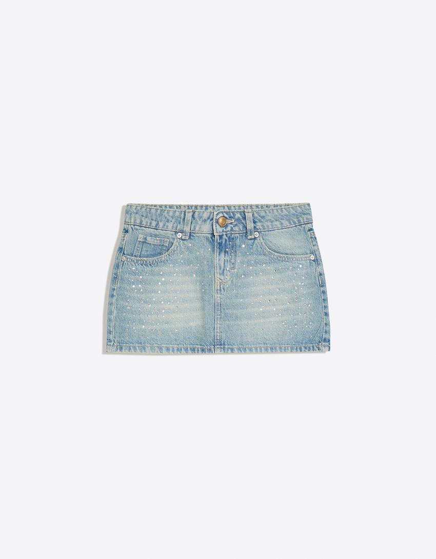 bershka, RHINESTONE DENIM SKIRT