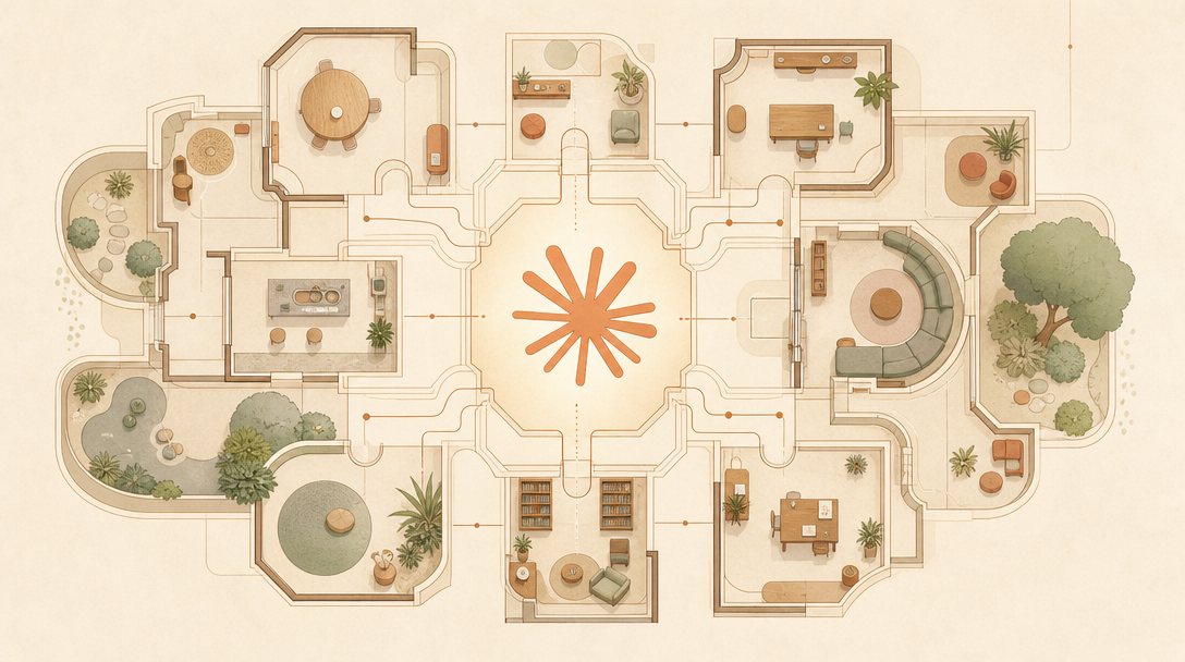 Plan d'architecture vu du dessus, le logo Claude rayonnant au centre