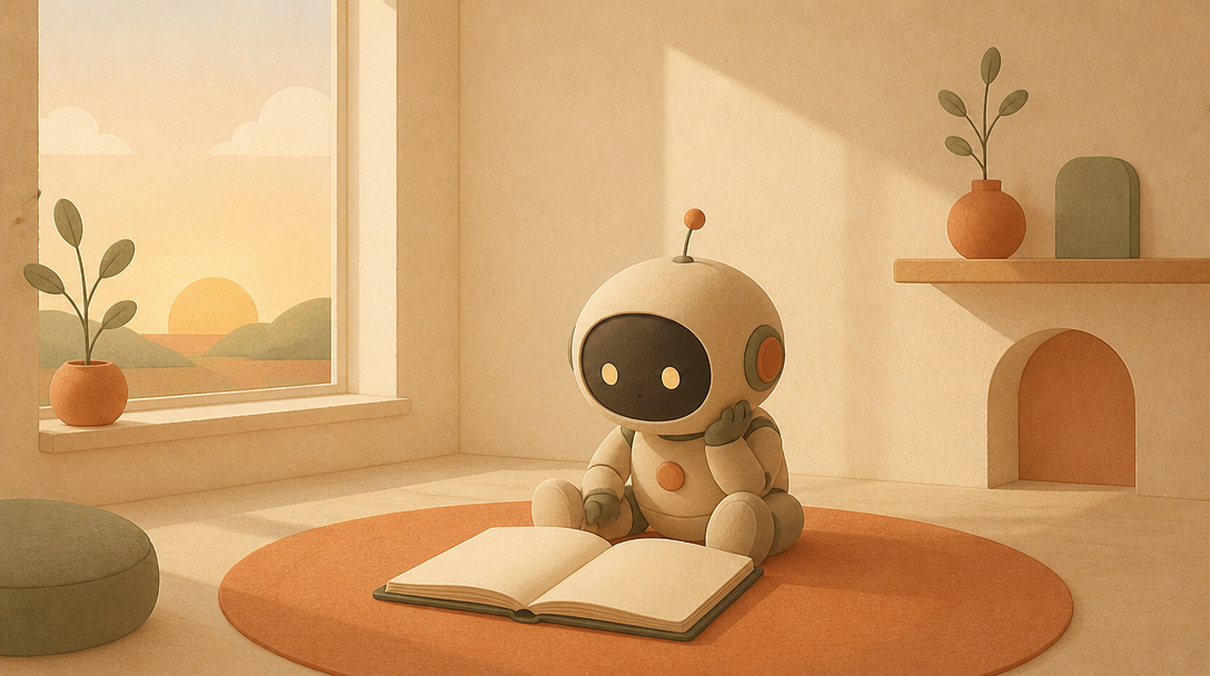 Un petit robot assis seul à l'aube devant un carnet aux pages vierges