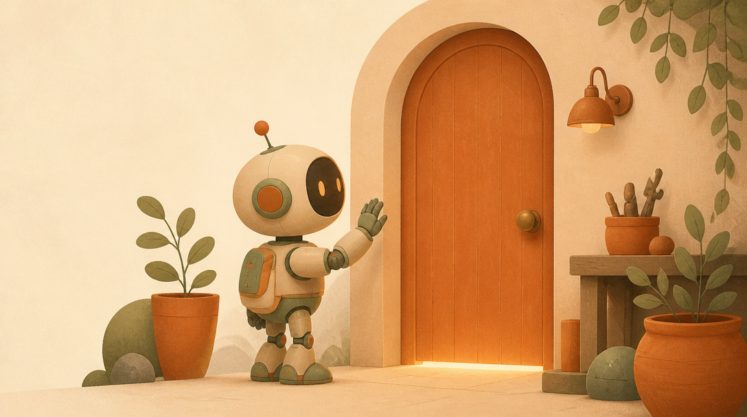 Un petit robot lève la main devant une porte fermée, attendant l'autorisation d'entrer