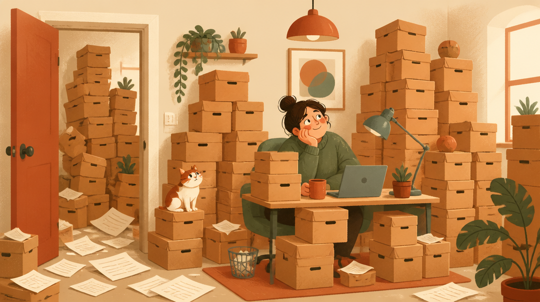 Une personne au travail cernée par des piles de cartons identiques et des papiers au sol