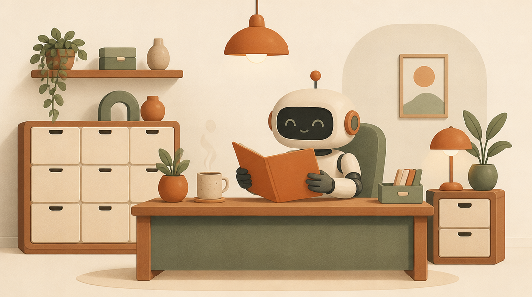 Un petit robot lit calmement un unique dossier ouvert, entouré de tiroirs bien rangés et fermés