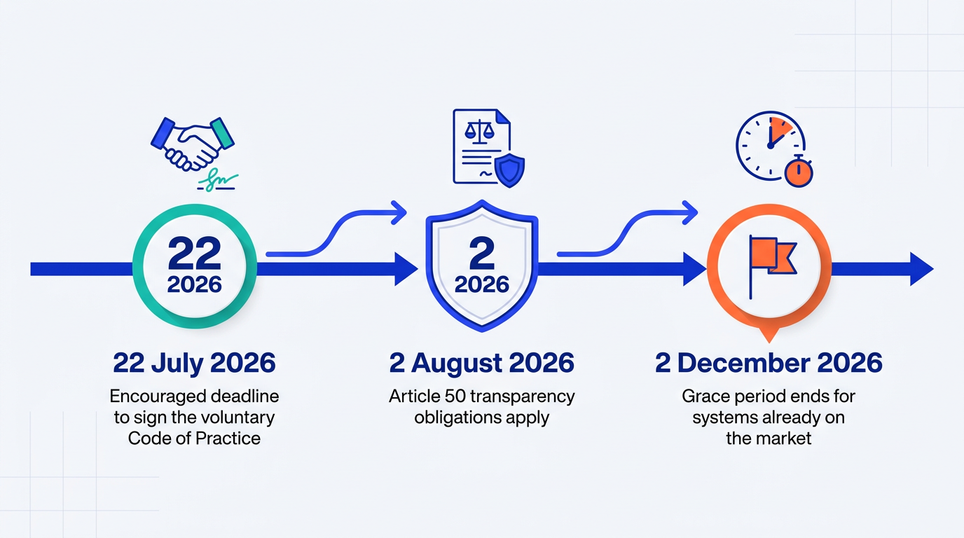 EU AI Act Article 50 content labelling compliance timeline with three key dates